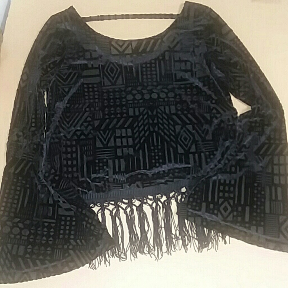 velvet burnout geometric fringe bell sleeved top